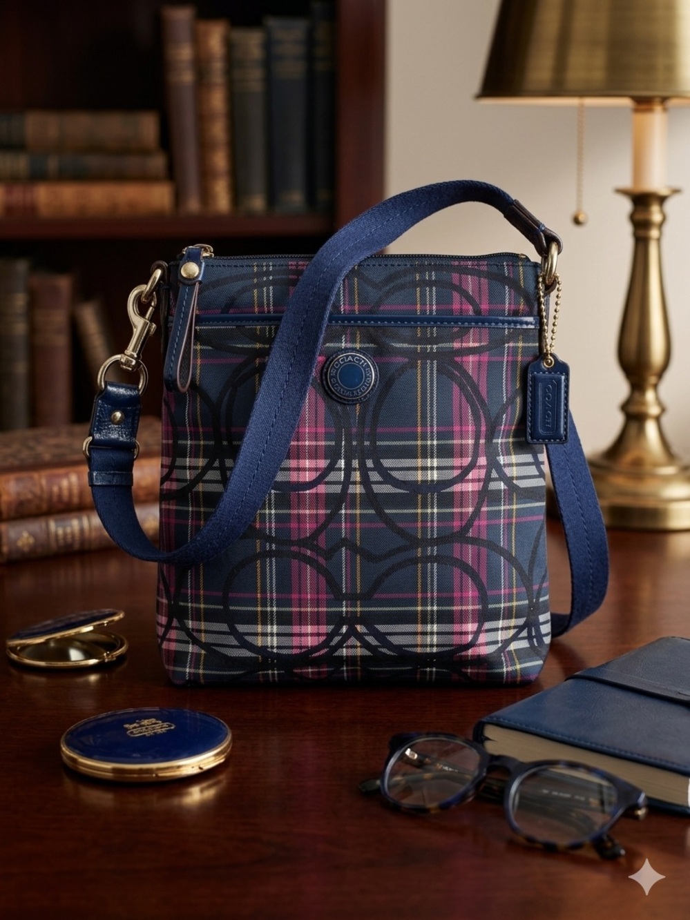 Coach Poppy Navy Tartan Plaid Crossbody Bag ✨ Vintage - EUC